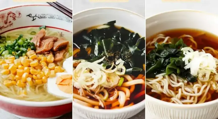 Trzy miski z japońskim makaronem: ramen z jajkiem i kukurydzą, udon z wodorostami wakame i cebulką, soba z wodorostami i szczypiorkiem.