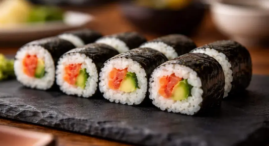 Roladki sushi z łososiem i awokado, idealne do domowych nori przepisów.