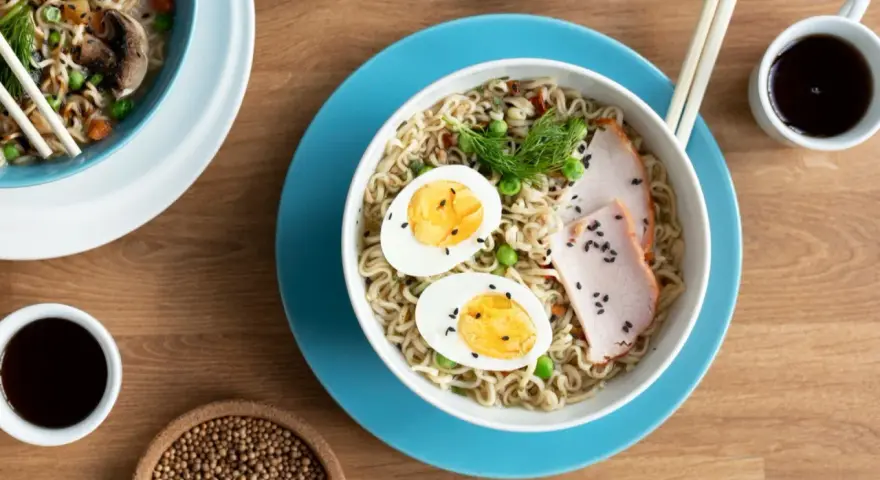 Pyszny tantanmen ramen z jajkiem, plastrami mięsa i zielonym groszkiem. Idealny na szybki, sycący posiłek.