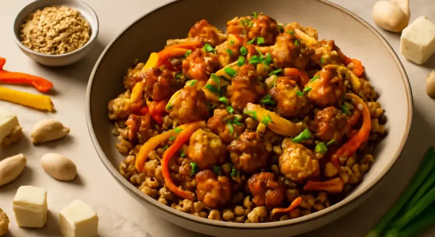 Miseczka z daniem z kuleczek w sosie, warzywami i kaszą. Czy tofu ma gluten? Nie, czyste tofu jest bezglutenowe.