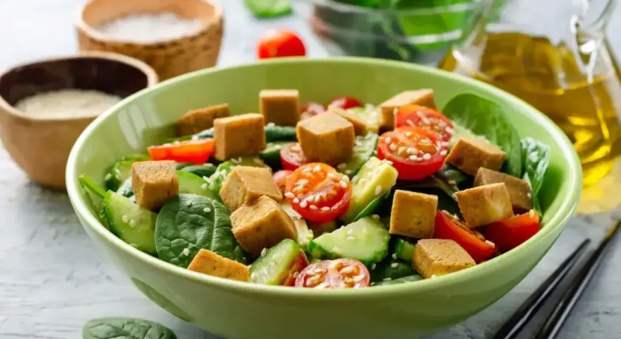 Sałatka ze szpinakiem, pomidorkami, ogórkiem i kostkami **butter tofu**, posypana sezamem.