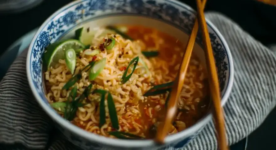 Aksamitny makaron lau thai w misce z niebieskimi zdobieniami, udekorowany szczypiorkiem, chili i limonką.