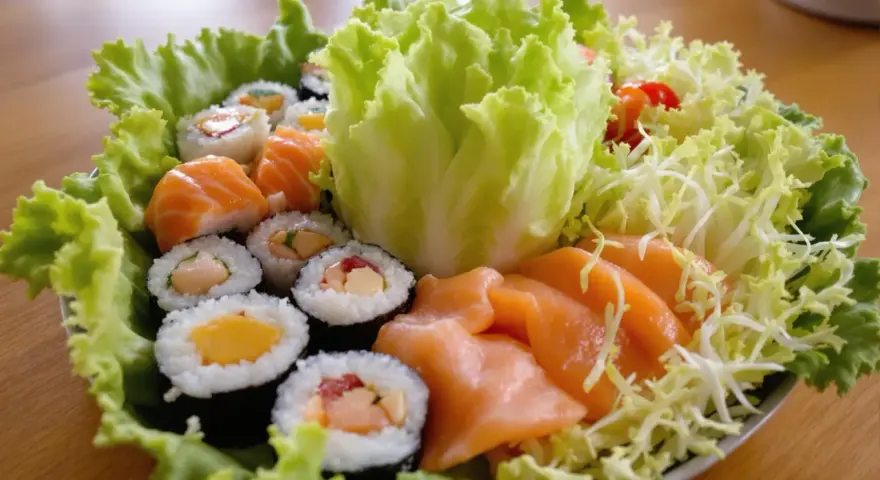 Talerz sushi z łososiem i warzywami. Jaka sałata do sushi? Ta chrupiąca, zielona sałata lodowa stanowi idealną bazę.