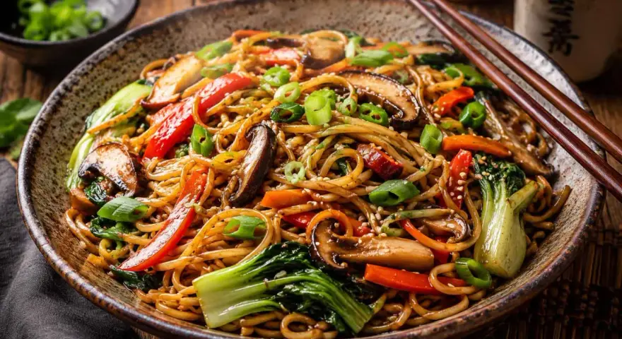 Makarony azjatyckie rodzaje: pyszne danie z makaronem, grzybami shiitake, papryką, bok choy i szczypiorkiem, posypane sezamem.