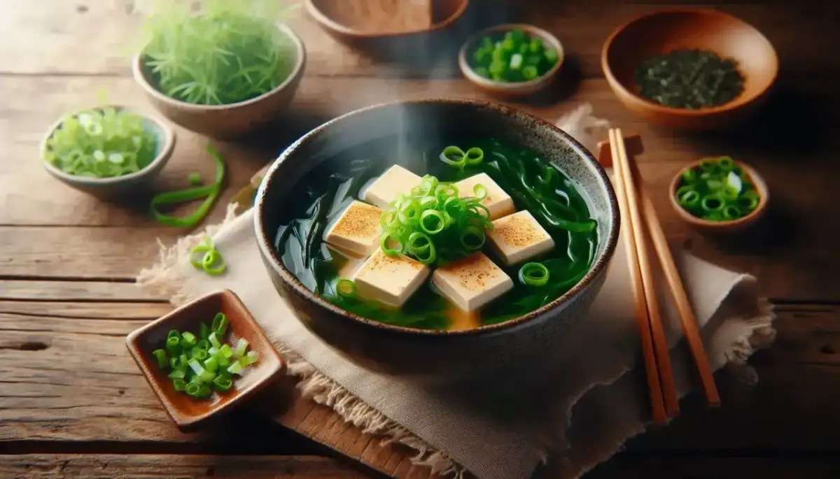 Parująca miska z aromatycznym miso tofu, zielonymi wodorostami i szczypiorkiem, gotowa do spożycia.