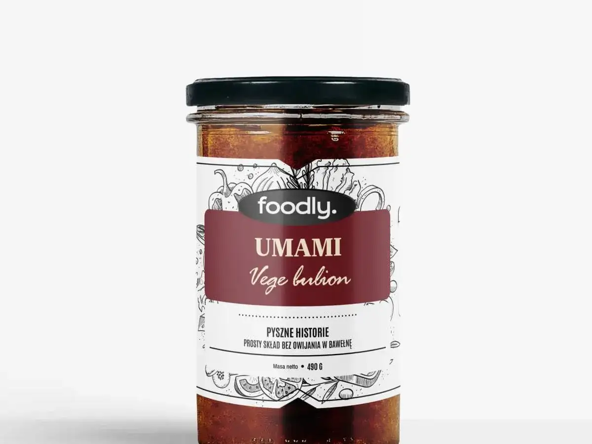 Słoik z pastą foodly. UMAMI Vege bulion, która nada potrawom głębi smaku. Pyszna przyprawa umami.