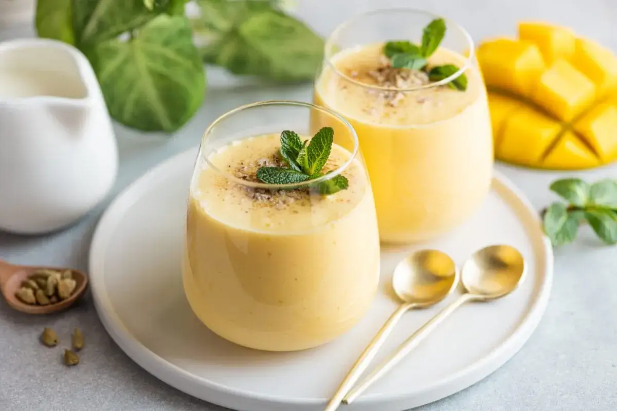 Dwa pyszne mango lassi z pulpy, udekorowane miętą i posypką, obok świeżego mango i kardamonu.
