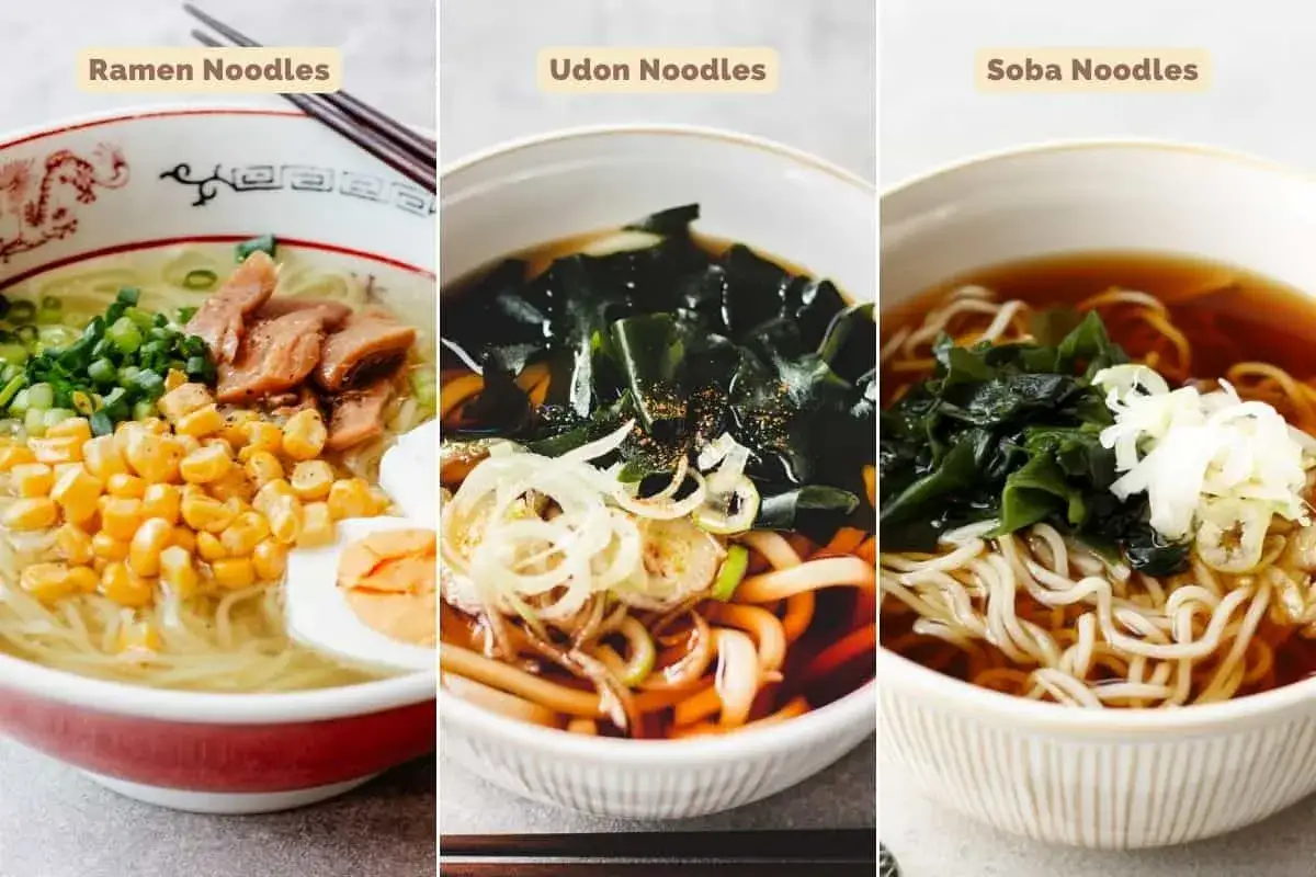 Trzy miski z japońskim makaronem: ramen z jajkiem i kukurydzą, udon z wodorostami i szczypiorkiem, soba z wodorostami.