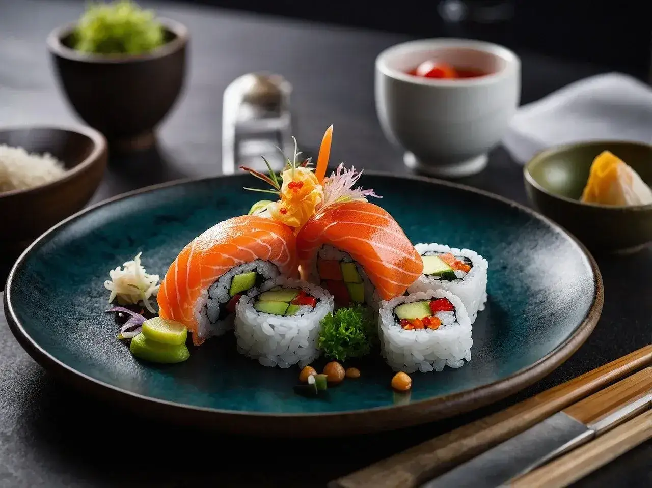Wykwintne sushi kompozycje z łososiem i warzywami, podane na eleganckim talerzu z dodatkami.