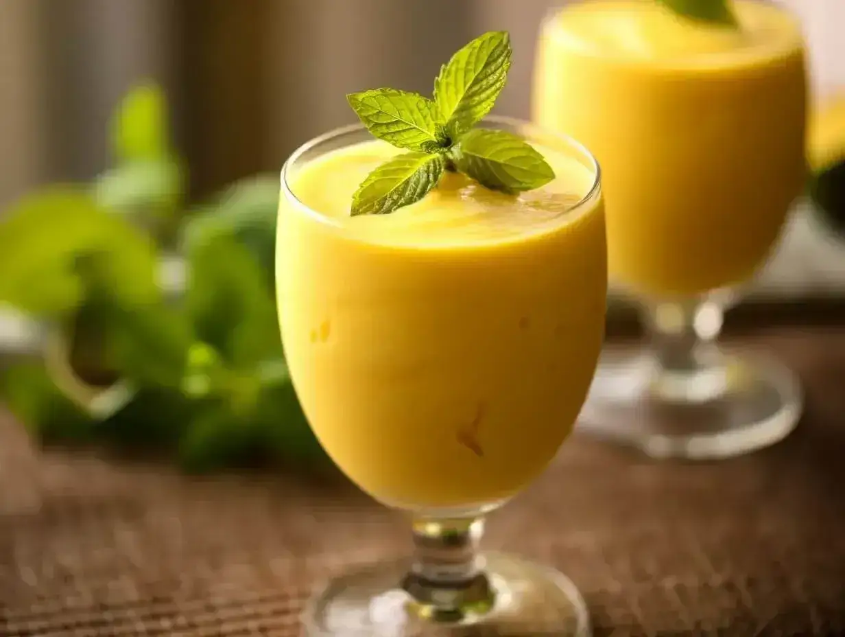 Gęsty, kremowy mango lassi w kieliszkach, ozdobiony listkami mięty. Idealny na orzeźwienie.