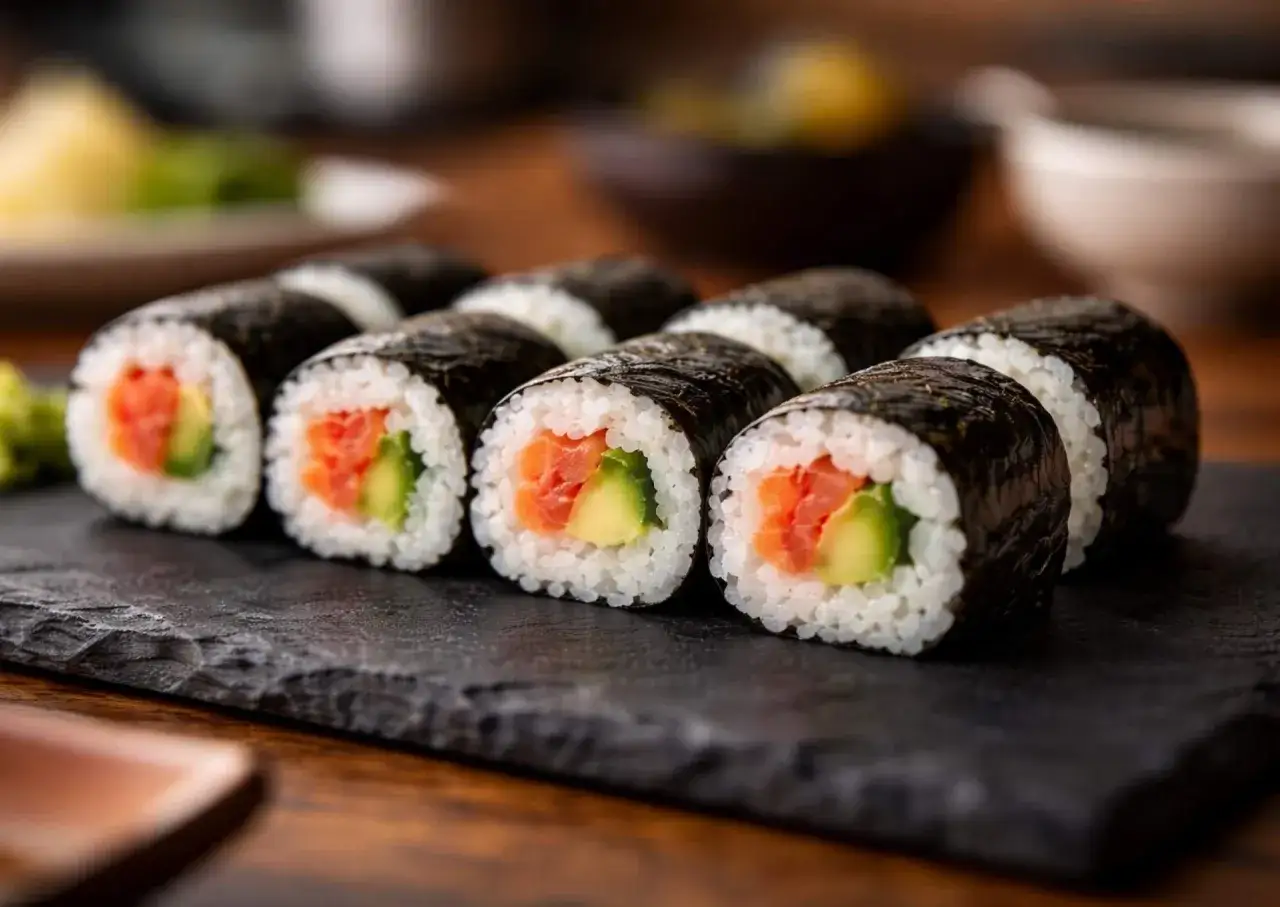 Roladki sushi z łososiem i awokado na czarnej desce. Idealne do domowych nori przepis&oacute;w.