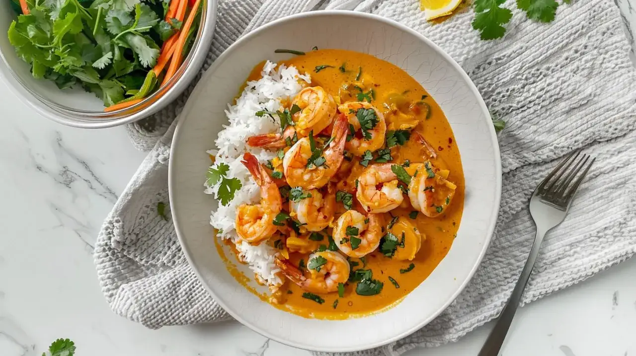 Pyszne krewetki w kremowym sosie curry, podane z ryżem i świeżą kolendrą. Idealne danie dla miłośników egzotycznych smaków.