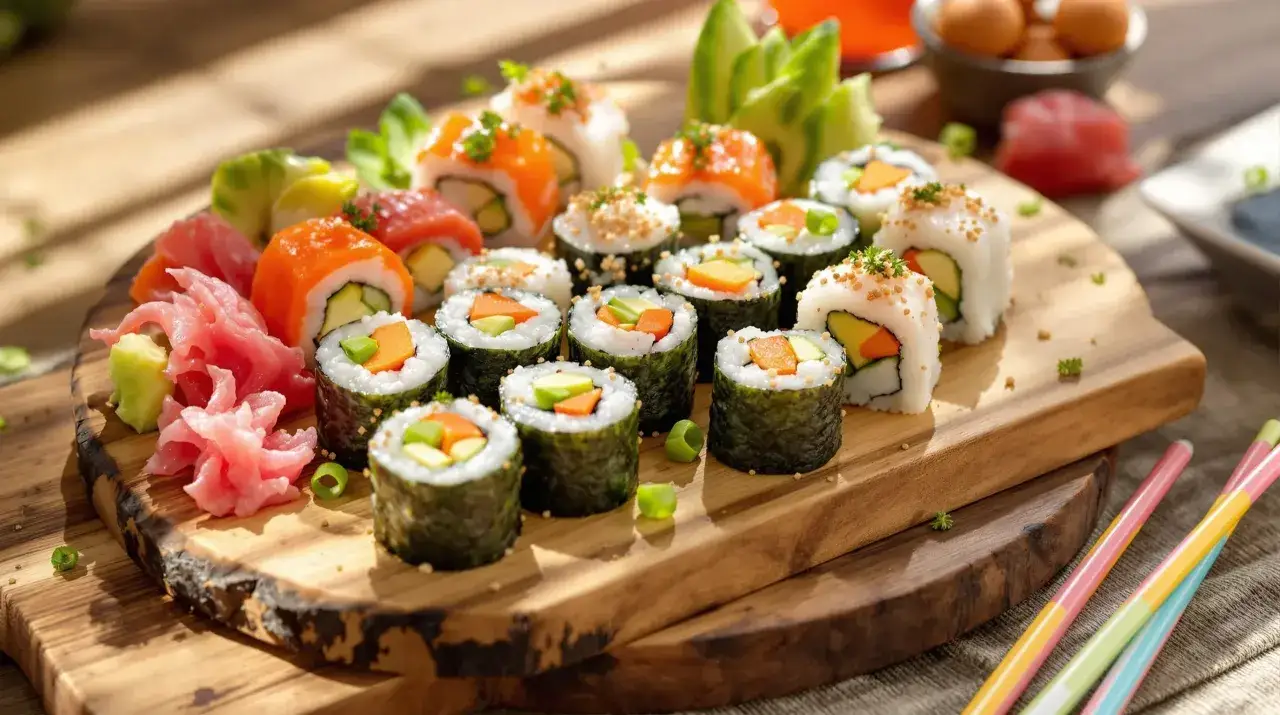 Kolorowe rolki sushi z warzywami i łososiem, idealne jako sushi dla dzieci. Podane na drewnianej desce z marynowanym imbirem i wasabi.