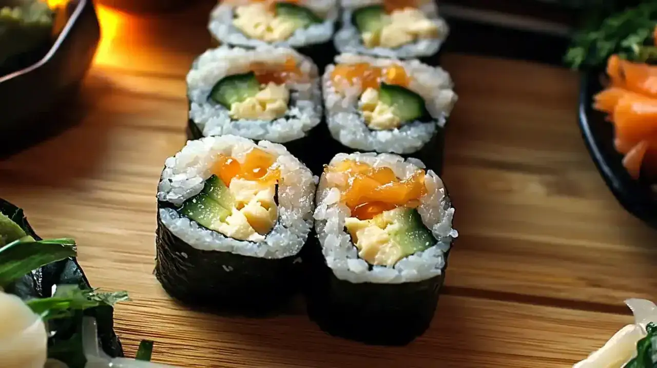 Świeżo zwinięte sushi z łososiem i ogórkiem, gotowe do podania.