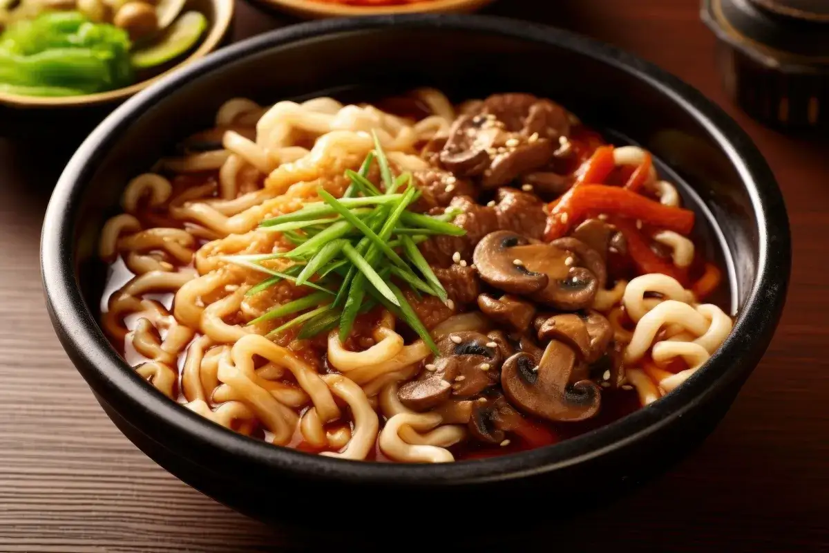 Miseczka z grubym makaronem udon, wołowiną, grzybami i szczypiorkiem. Pyszne danie, które sprawia, że zastanawiasz się: udon co to?