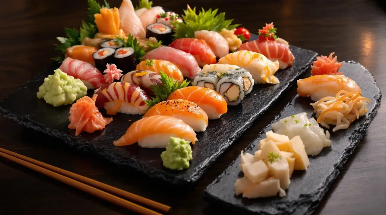 Talerz pełen kolorowego sushi i sashimi, z wasabi, imbirem i pałeczkami.