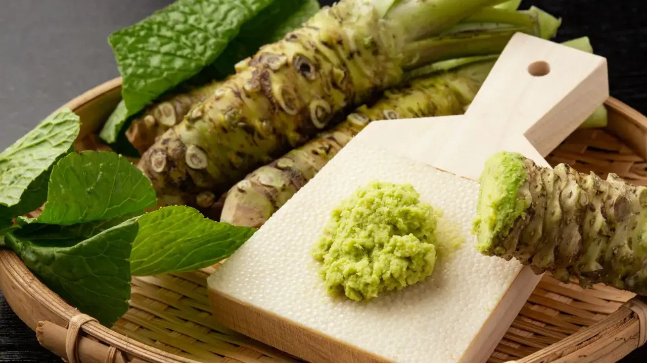 Świeży korzeń wasabi i pasta, która pokazuje, wasabi co to jest. Zielone liście i drewniana tarkka dopełniają kompozycję.