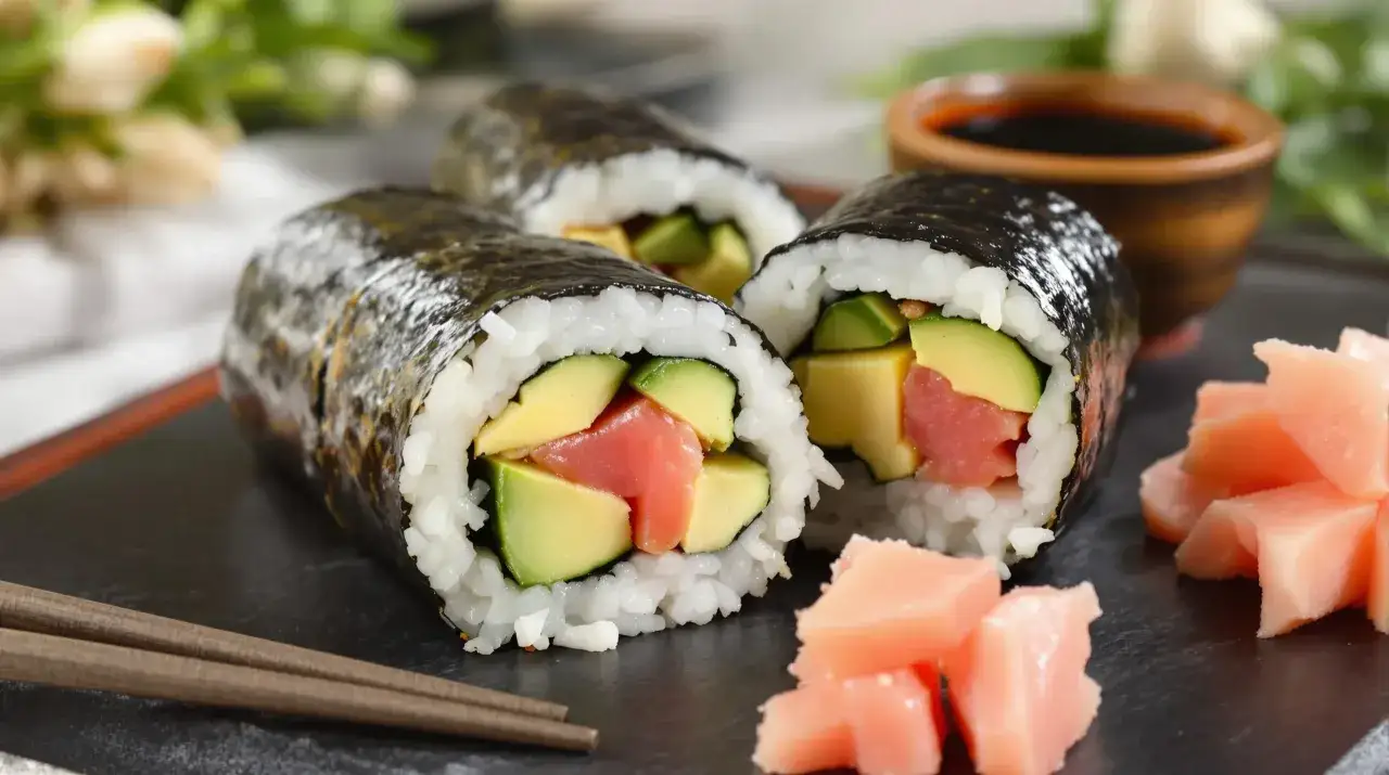 Trzy rolki sushi z łososiem i awokado, gotowe do zanurzenia w sosie japońskim. Obok różowy imbir i pałeczki.