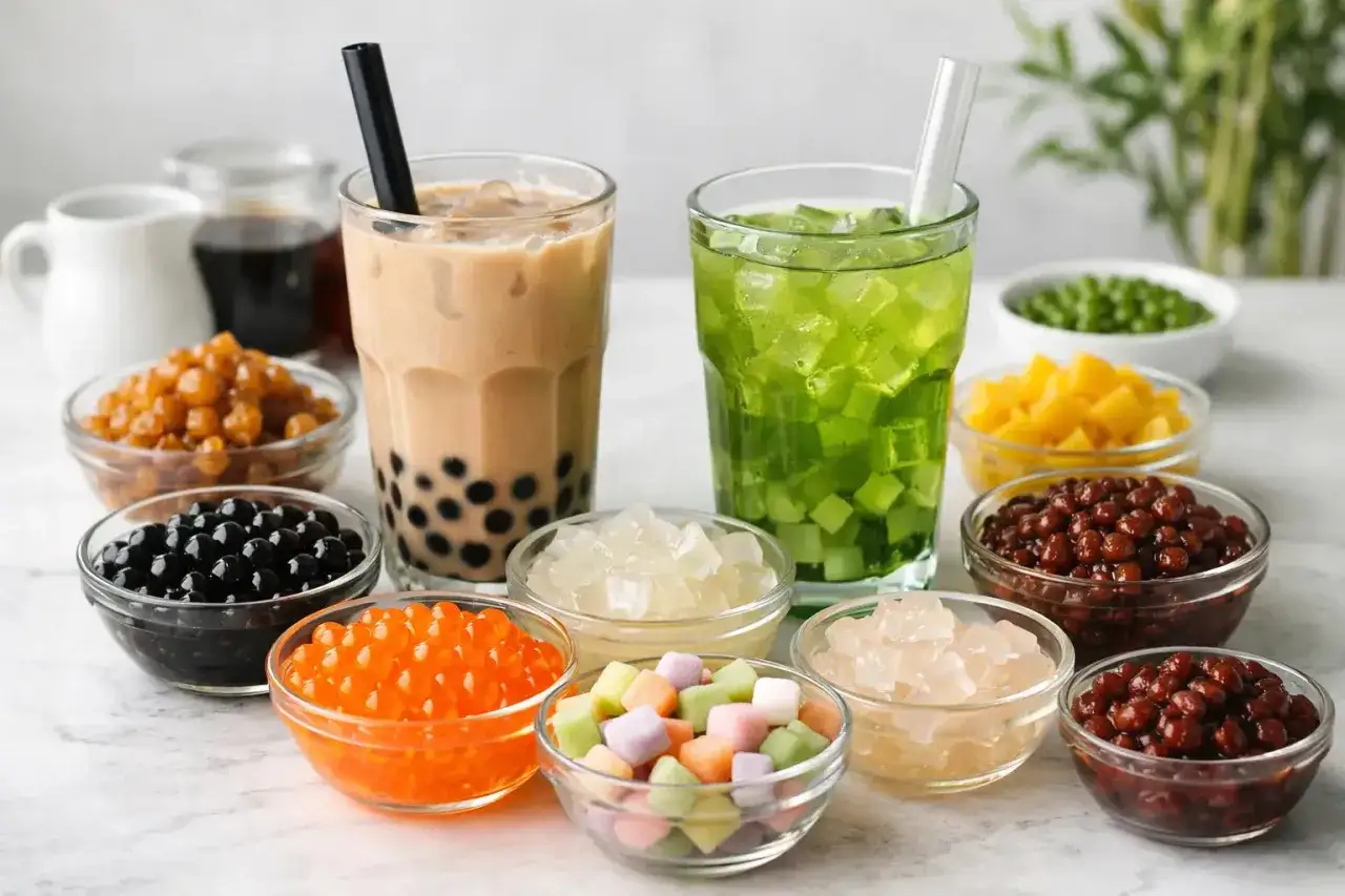 Różnorodne kulki do bubble tea: tapioka, żelki, owoce. Z czego są kulki w bubble tea? Z tapioki, owoców, galaretki.