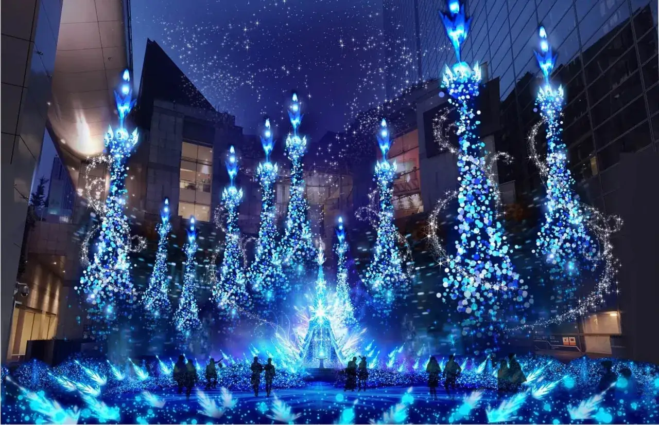 Nocne iluminacje w Japonii: bajkowe, niebieskie choinki i migoczące gwiazdy tworzą magiczną atmosferę.