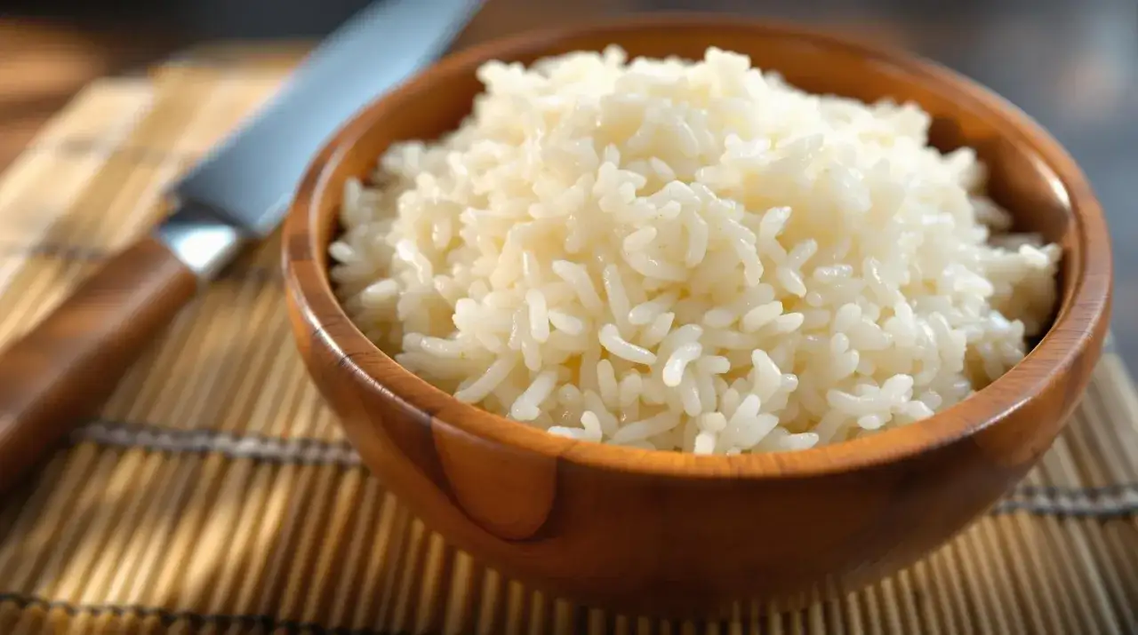 Miseczka ryżu do sushi, obok nóż. Zastanawiasz się, ile octu do sushi?