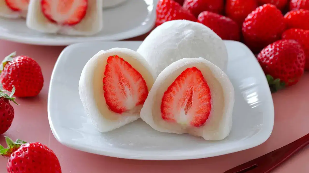 Słodkie mochi co to? Delikatne ciastka ryżowe z soczystą truskawką w środku, otoczone świeżymi owocami.