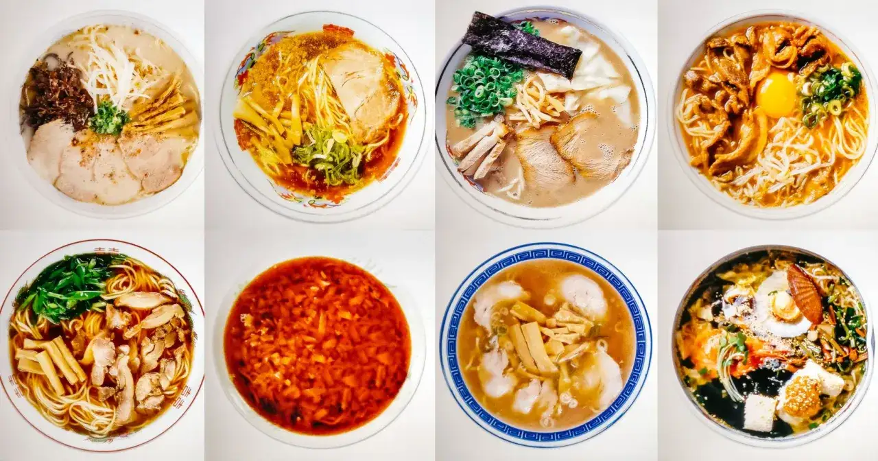 Osiem r&oacute;żnych rodzaj&oacute;w ramen, od kremowego tonkotsu po pikantne dania, prezentuje bogactwo smak&oacute;w i składnik&oacute;w.