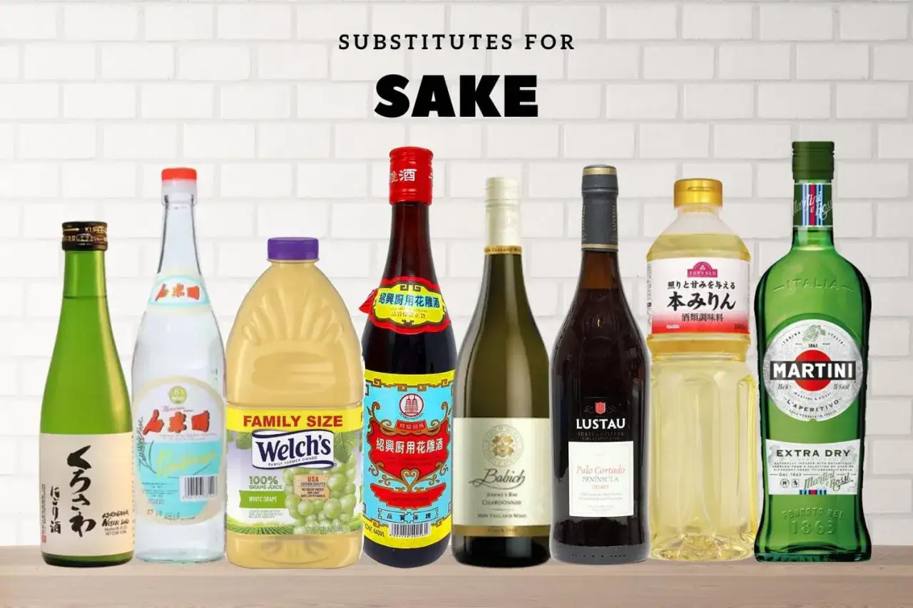 Szukasz czym zastąpić sake? Na zdjęciu znajdziesz alternatywy: białe wino, sherry, mirin, sok winogronowy i inne alkohole.