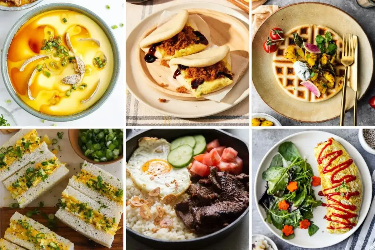 Różnorodne azjatyckie śniadanie: parowany budyń jajeczny, bułeczki bao, gofry z dodatkami, kanapki z jajkiem, ryż z wołowiną i jajkiem sadzonym, omlet z sałatką.